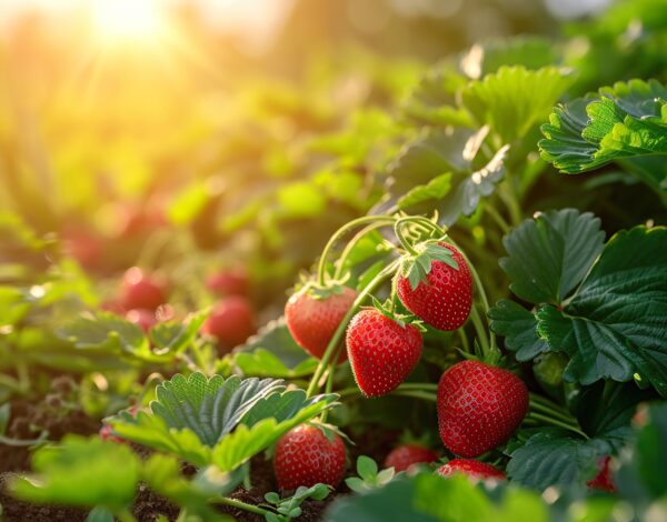 Close up strawberries in the garden at sunrise