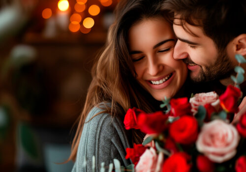 Love forever. Excited and happy couple in love are hugging, kissing and celebrating the St Valentines day. Celebration, holidays and gifts concepts. St Valentines dat. Lovers day Love forever. Excited and happy couple in love are hugging, kissing and celebrating the St Valentines day. Celebration, holidays and gifts concepts. St Valentines dat. Lovers day